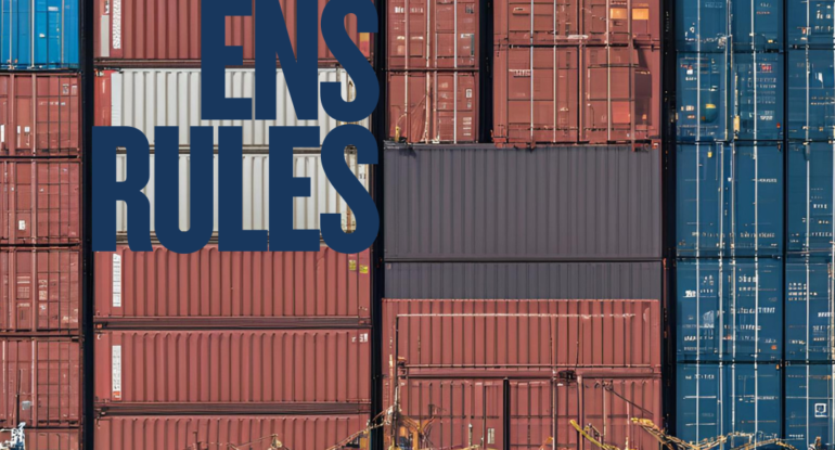 Logistics Professionals reviewing ICS2 Entry Summary Declaration (ENS) filing on digital interface with container ship and European port in background, highlighting the connection between maritime shipping and EU customs compliance requirements.