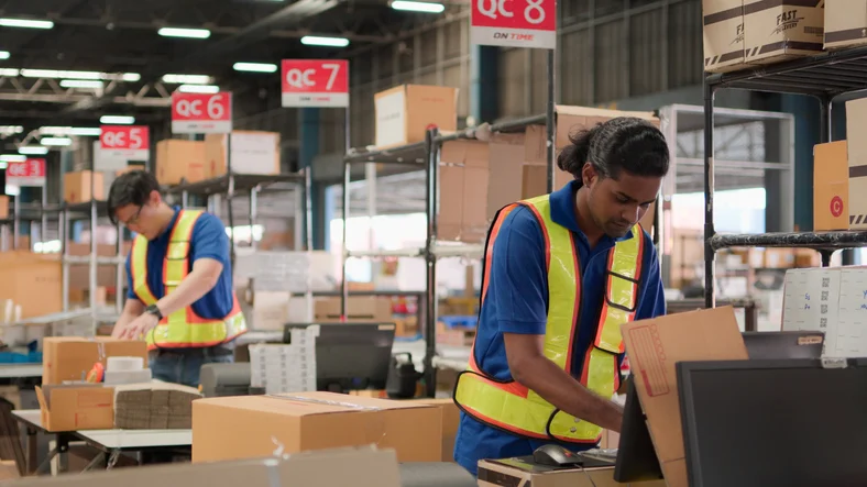 Two-asian-warehouse-worker-working-checking-package-products-in-warehouse,-logistic